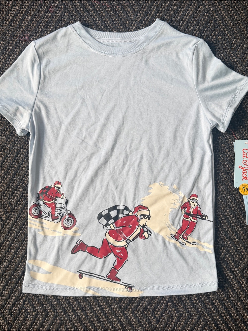 Cat & Jack Light Blue Kids Santa Action Tee with Red Accents
